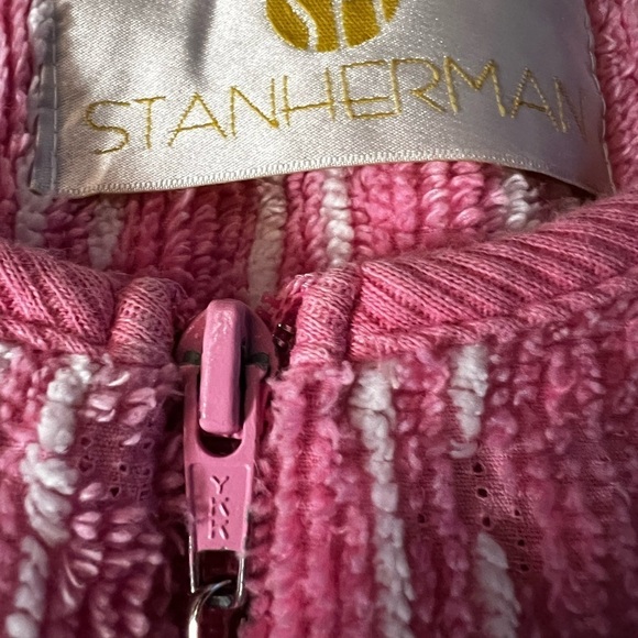 STAN HERMAN WOMEN’S TERRY CLOTH SHORT ROBE SIZE MEDIUM PINK WITH WHITE STRIPES - Picture 12 of 16